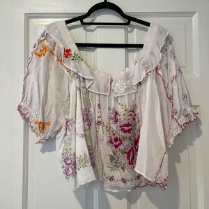 White Floral Ruffled Peasant Top - Anthropologie